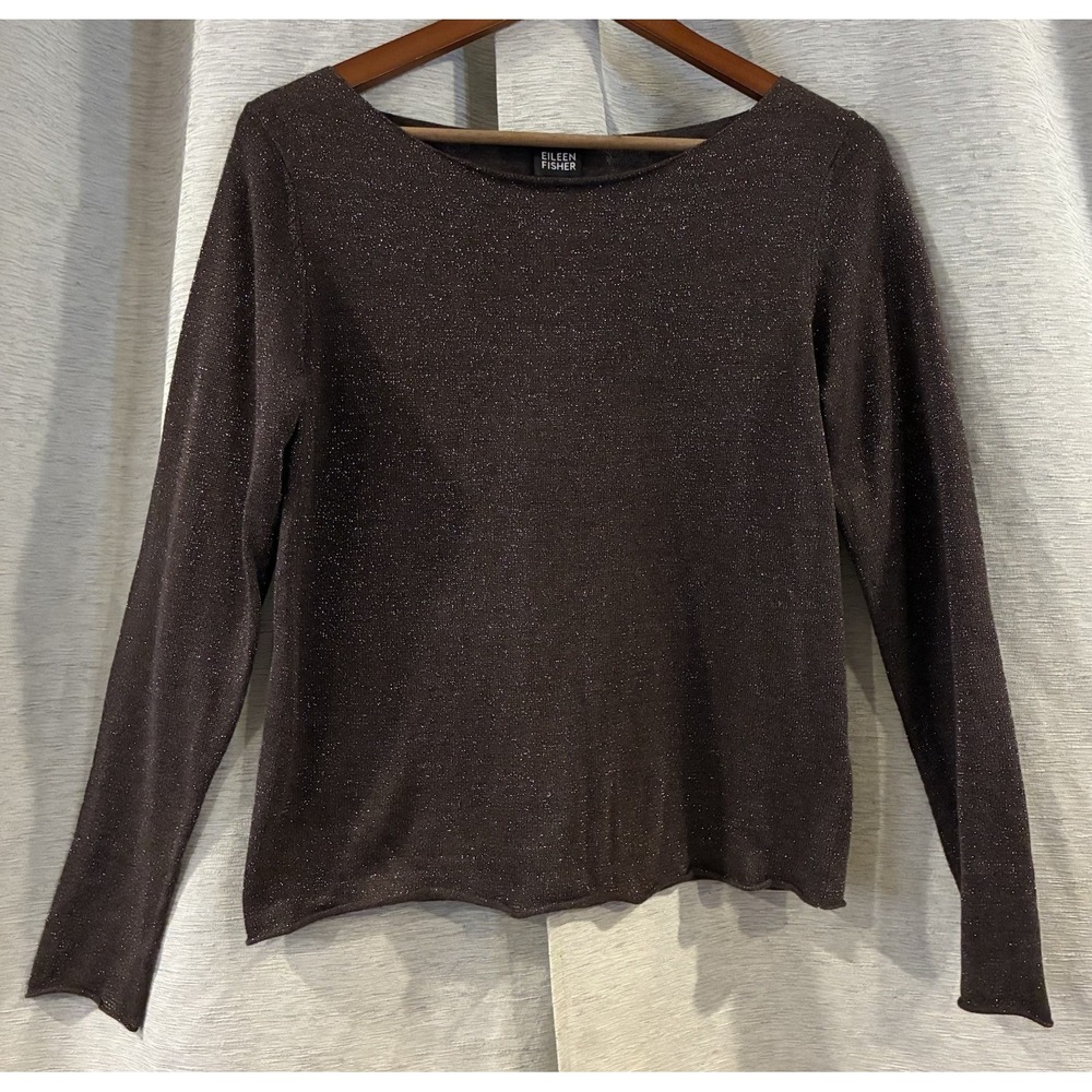 Eileen Fisher Brown Metallic Linen Blend Tunic Sweater Small Long Sleeve T-132